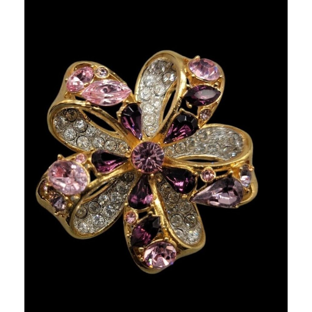 Nolan Miller Brooch Amethyst Purple & Clear Crystals Double Layer Gold Tone